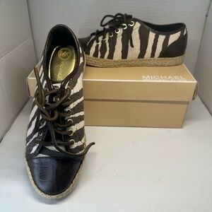 Michael Kors Del Rey Zebra Print Canvas Leather Sneakers Brown Size 8M